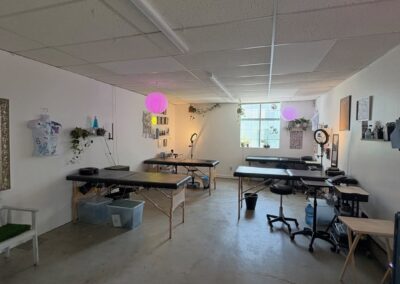 Interior of Green Room tattoo showing tables and decor of studio